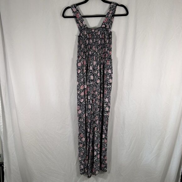 LOFT Jumpsuit Women's XS Black Pink Floral Sleeveless Smocked Top Lightweight - Picture 7 of 9